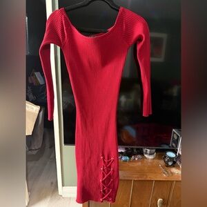 Say What? Red Long Sleeve Dress with Lace-Up Detail